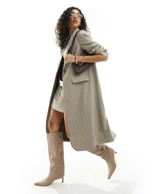 ASOS DESIGN – Beżowa marynarka o wydłużonym fasonie w prążki
