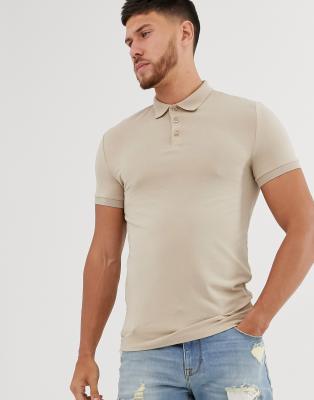 ASOS DESIGN – Beżowa, męska koszulka polo z dżerseju o kroju podkreślającym sylwetkę