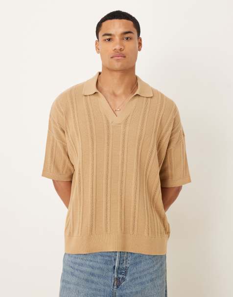 ASOS DESIGN – Beżowa prążkowana koszulka dzianinowa polo oversize z wycięciem w dekolcie - view 1