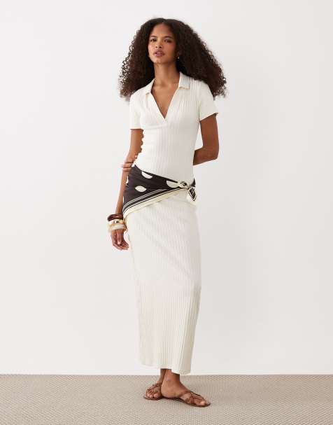 ASOS DESIGN – Beżowa prążkowana sukienka midi z krótkimi rękawami i kołnierzykiem polo - view 1