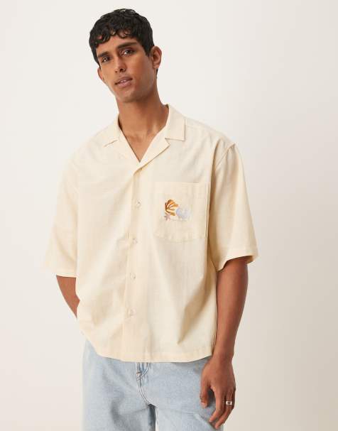 ASOS DESIGN boxy oversized revere shirt with chest embroidery in beige