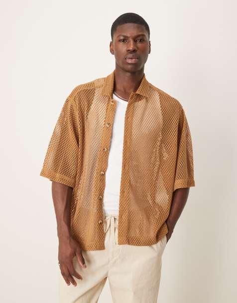 ASOS DESIGN boxy oversized mesh shirt in beige