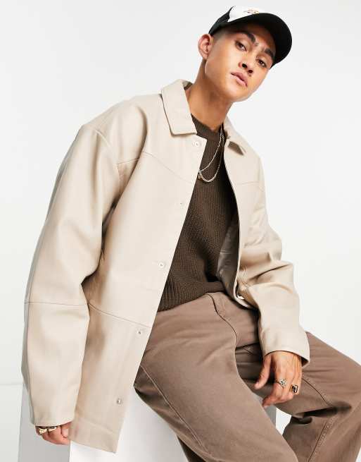 ASOS DESIGN – Beżowa skórzana koszula wierzchnia oversize