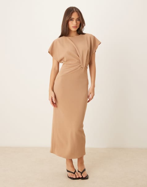 ASOS DESIGN – Beżowa skręcona z przodu sukienka midi z krótkimi rękawami - view 1