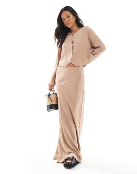 ASOS DESIGN linen look co-ord maxi skirt in stone