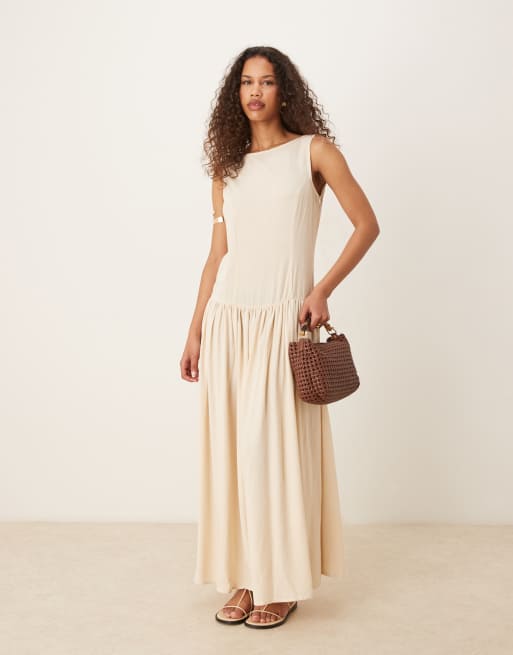 ASOS DESIGN – Beżowa sukienka maxi z obniżoną talią i odkrytymi plecami z mieszanki lnu