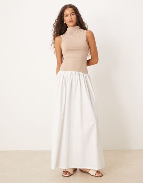 ASOS DESIGN – Beżowa sukienka midaxi z obniżoną talią, zabudowanym dekoltem i popelinową spódnicą - view 1