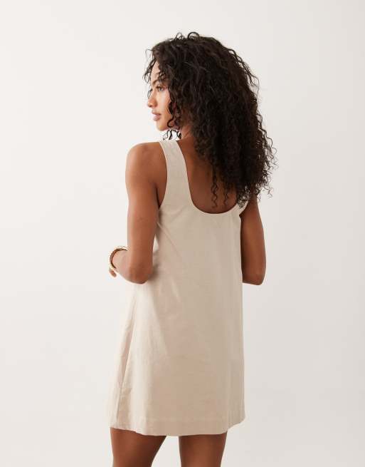 ASOS DESIGN – Beżowa sukienka mini z prostym dekoltem z imitacji lnu, 3 z 4