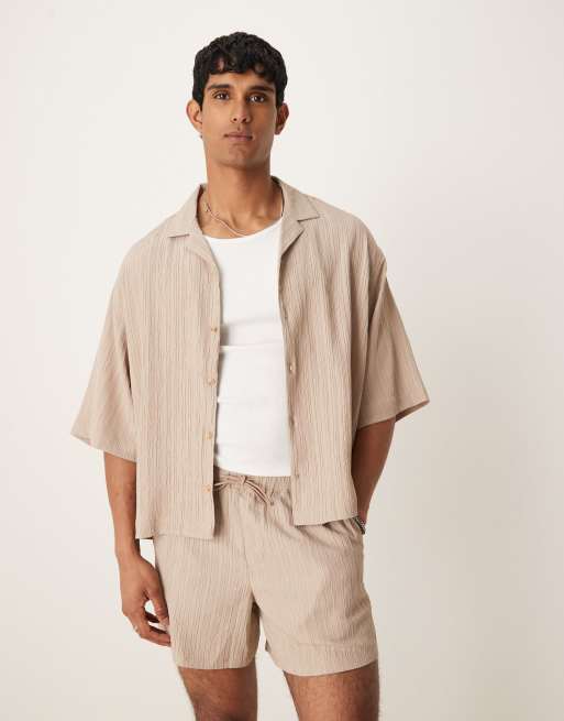 ASOS DESIGN – Beżowa teksturowana koszula o pudełkowym kroju oversize z kołnierzykiem kubańskim, część zestawu
