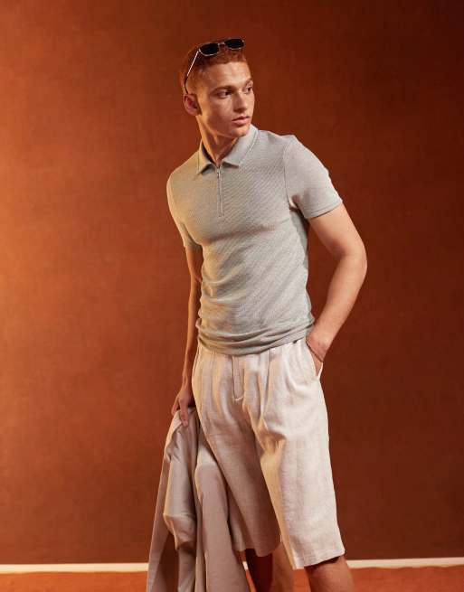 ASOS DESIGN – Beżowa teksturowana koszulka polo o kroju podkreślającym sylwetkę z zamkiem pod szyją