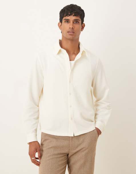 ASOS DESIGN relaxed long sleeve textured shirt in beige