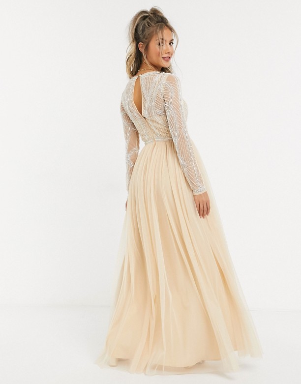  Doskonały ASOS DESIGN – Beżowa zdobiona sukienka maxi z tiulową spÓdnicą Wielokolorowy