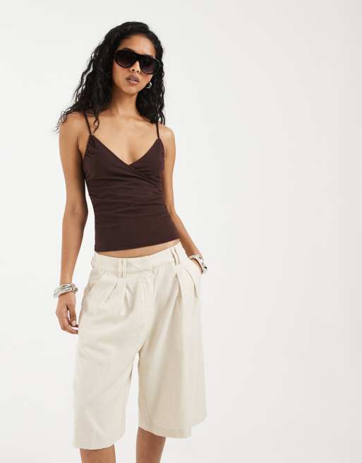 ASOS DESIGN – Beżowe dopasowane szorty bermudy z domieszką lnu, 2 z 5