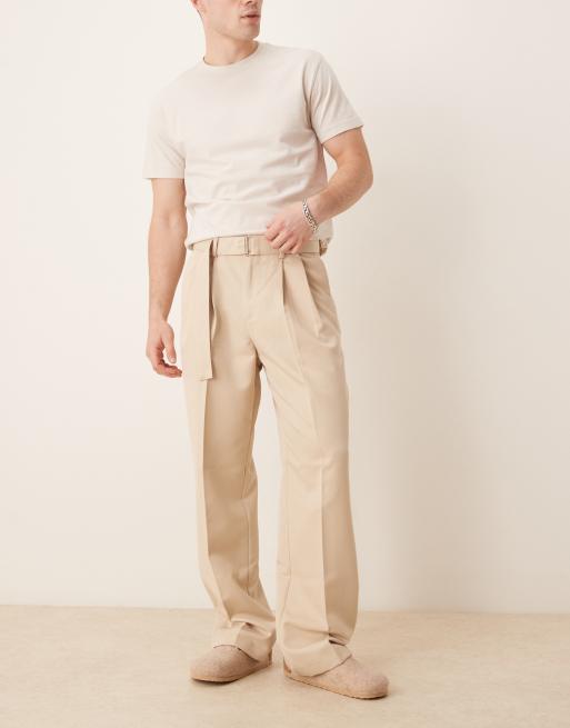 ASOS DESIGN – Beżowe eleganckie spodnie z szerokimi nogawkami z podwójnymi zakładkami z przodu i paskiem