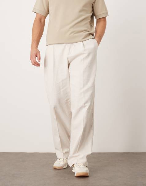 ASOS DESIGN pull on smart wide leg trouserswith front pleat in beige texture with elasticated waist 
