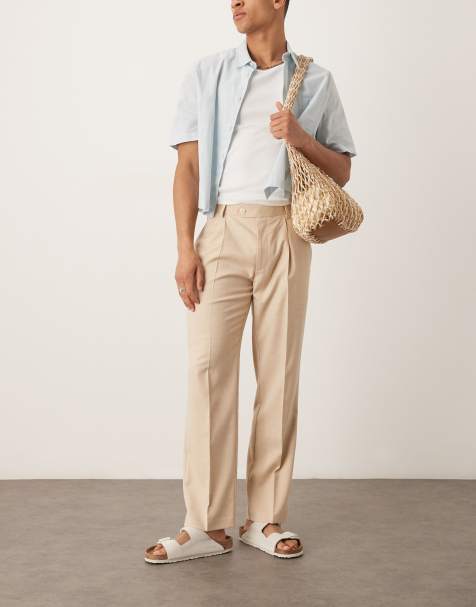 ASOS DESIGN smart tapered crosshatch textured trousers with front pleat in beige