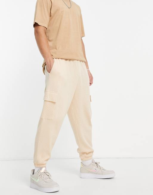 ASOS DESIGN – Beżowe joggersy bojówki z szerokimi nogawkami o waflowej fakturze – część zestawu