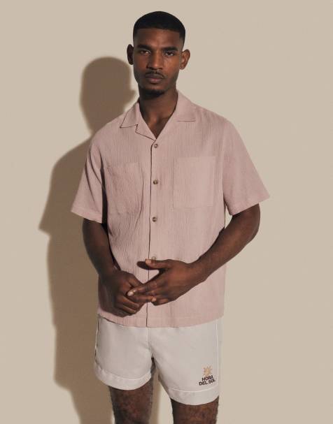 ASOS DESIGN – Beżowe krótkie szorty kąpielowe z haftowanym wzorem - view 1