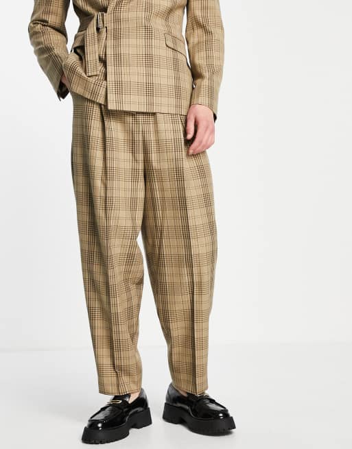 ASOS DESIGN – Beżowe spodnie garniturowe z balonowymi nogawkami o dopasowanym kroju w kratkę