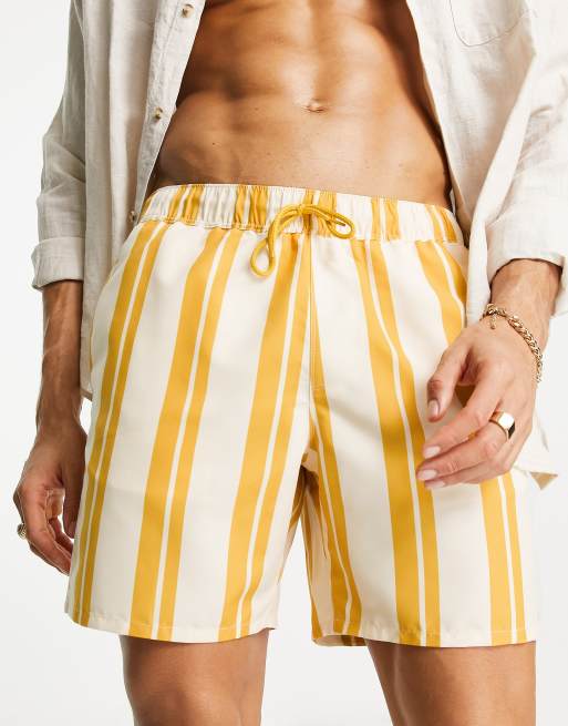 ASOS DESIGN – Beżowe średniej długości szorty kąpielowe w paski