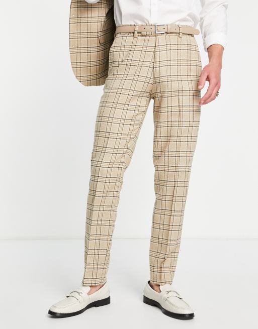 ASOS DESIGN – Beżowe wąskie spodnie garniturowe w kratę