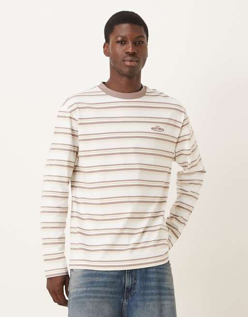 ASOS DESIGN – Beżowo-brązowy luźny T-shirt z długimi rękawami w paski z grafiką z napisem