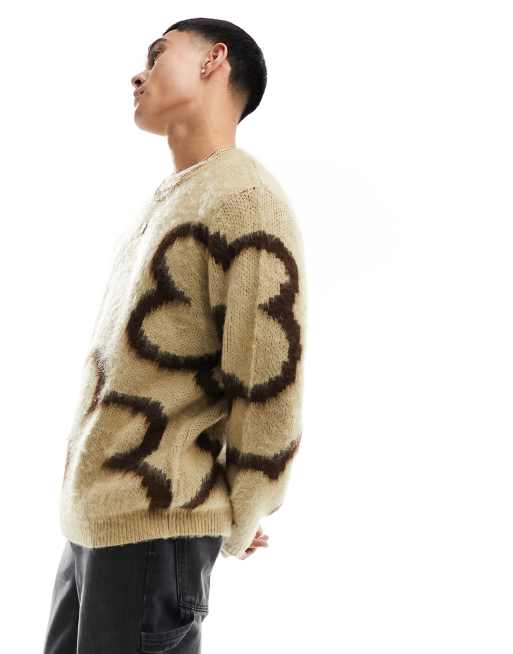 ASOS DESIGN – Beżowo-brązowy puszysty sweter o luźnym kroju w kwiatowy wzór