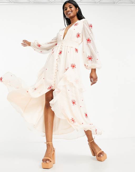 ASOS DESIGN – Beżowo-czerwona zapinana na guziki sukienka midi z marszczoną talią i haftowanym wzorem 