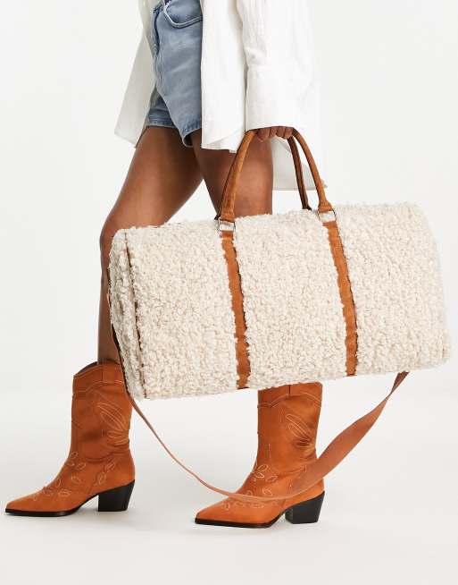 ASOS DESIGN – Beżowo-jasnobrązowa torba podręczna z wykończeniem z kożuszka