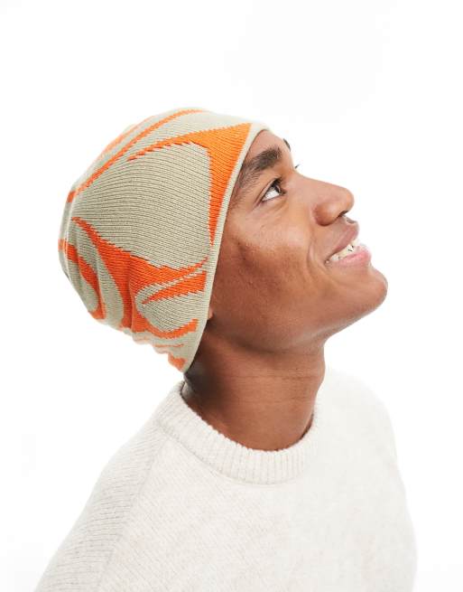 ASOS DESIGN – Beżowo-pomarańczowa czapka beanie z abstrakcyjnym wzorem