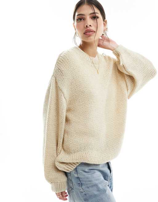 ASOS DESIGN – Beżowoszary sweter oversize z okrągłym dekoltem i balonowymi rękawami