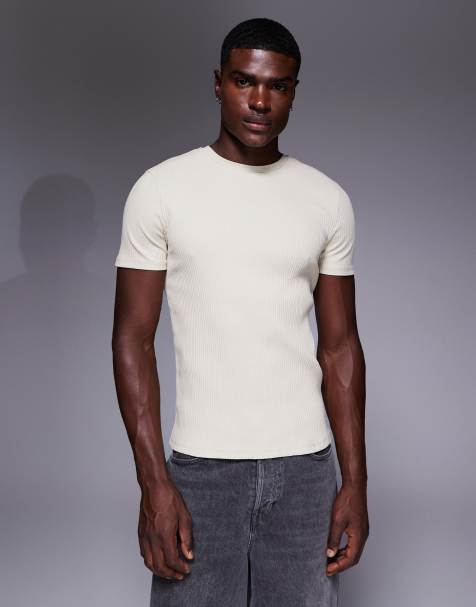 ASOS DESIGN – Beżowy bardzo gruby prążkowany T-shirt o kroju podkreślającym sylwetkę - view 1
