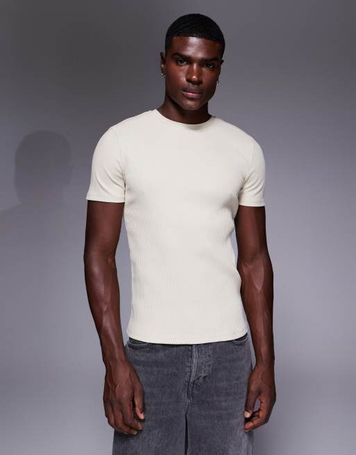 ASOS DESIGN – Beżowy bardzo gruby prążkowany T-shirt o kroju podkreślającym sylwetkę
