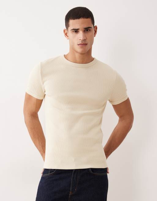 ASOS DESIGN – Beżowy bardzo gruby prążkowany T-shirt o kroju podkreślającym sylwetkę