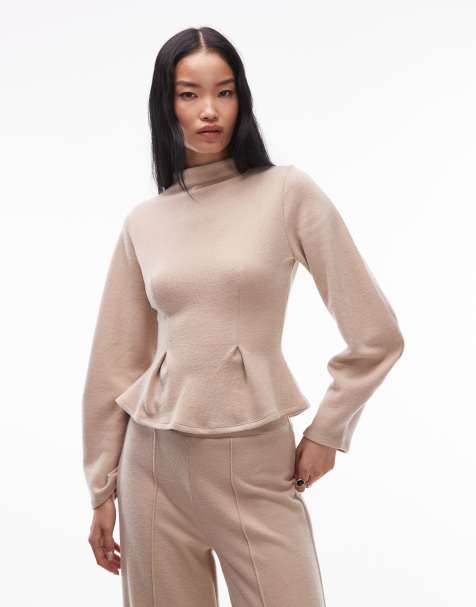 ASOS DESIGN – Beżowy bardzo miękki top z długimi rękawami i baskinką, część zestawu - view 1