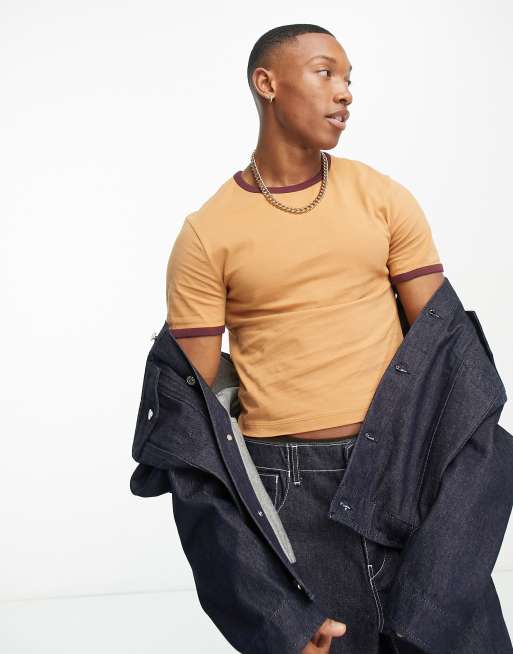 ASOS DESIGN – Beżowy bawełniany T-shirt o kroju podkreślającym sylwetkę z lamówką