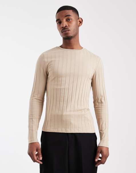 ASOS DESIGN slim fit long sleeve t-shirt in beige wide rib