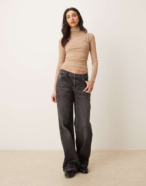 ASOS DESIGN – Beżowy dwuwarstwowy prześwitujący top z długimi rękawami i golfem, 2 z 4
