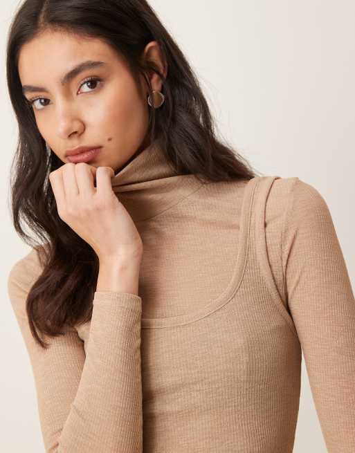 ASOS DESIGN – Beżowy dwuwarstwowy prześwitujący top z długimi rękawami i golfem, 3 z 4