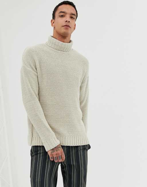 ASOS DESIGN – Beżowy dzianinowy sweter o kroju oversize z odwijanym golfem