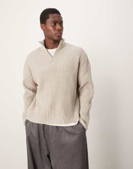 ASOS DESIGN – Beżowy dzianinowy sweter oversize o pudełkowym kroju z zapięciem na suwak pod szyją