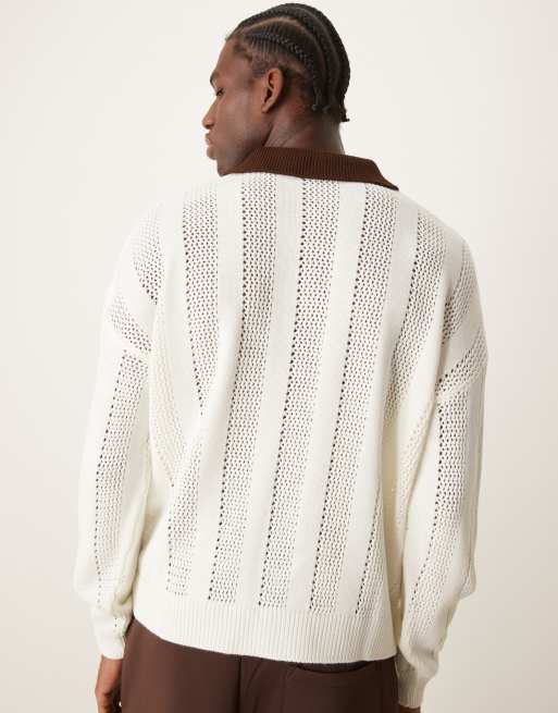 ASOS DESIGN – Beżowy dzianinowy sweter oversize z kontrastowym kołnierzem, 2 z 4