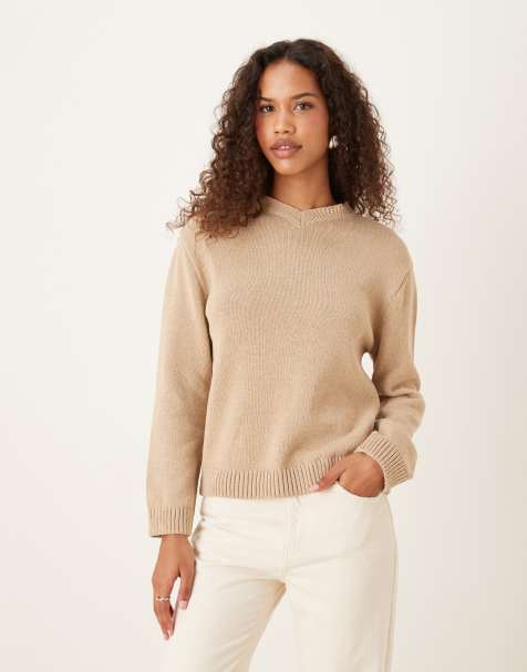 ASOS DESIGN knitted high v-neck jumper in honey beige