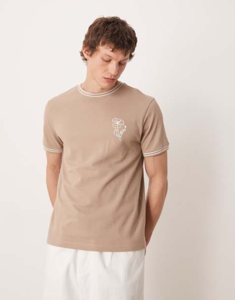 ASOS DESIGN – Beżowy fakturowany gruby T-shirt o regularnym kroju z kwiatowym haftem - view 1