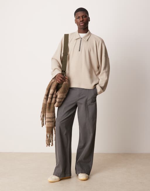 ASOS DESIGN – Beżowy fakturowany sweter pudełkowy oversize z kołnierzykiem polo i obniżoną linią ramion 