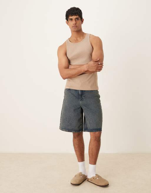 ASOS DESIGN – Beżowy gruby prążkowany podkoszulek o kroju podkreślającym sylwetkę z zabudowanym dekoltem