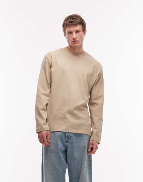 ASOS DESIGN – Beżowy gruby T-shirt o luźnym kroju z długimi rękawami ze szczotkowanej bawełny - view 1