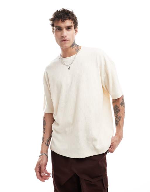 ASOS DESIGN – Beżowy, gruby T-shirt oversize z fakturą