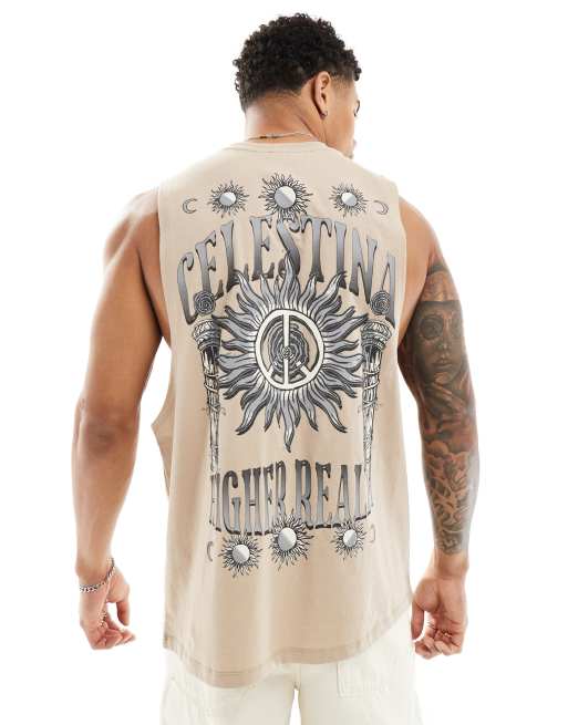 ASOS DESIGN – Beżowy luźny podkoszulek z astrologicznym nadrukiem na plecach