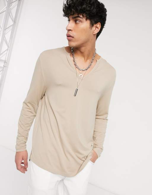 ASOS DESIGN – Beżowy luźny t-shirt dżersejowy o wydłużonym fasonie z długimi rękawami